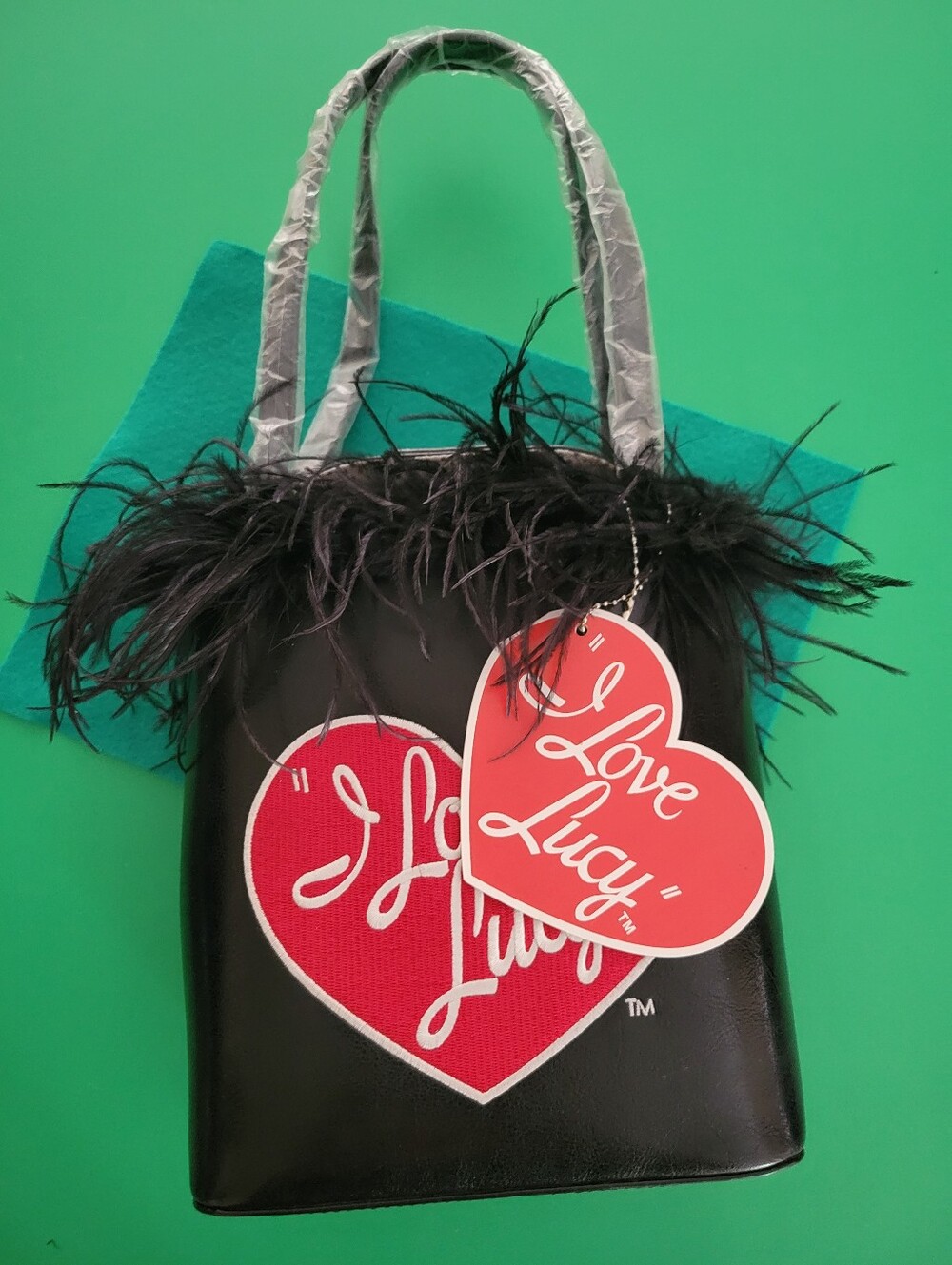 Unique Black “I Love Lucy” themed handbag w/black Ostrich Style Feathers